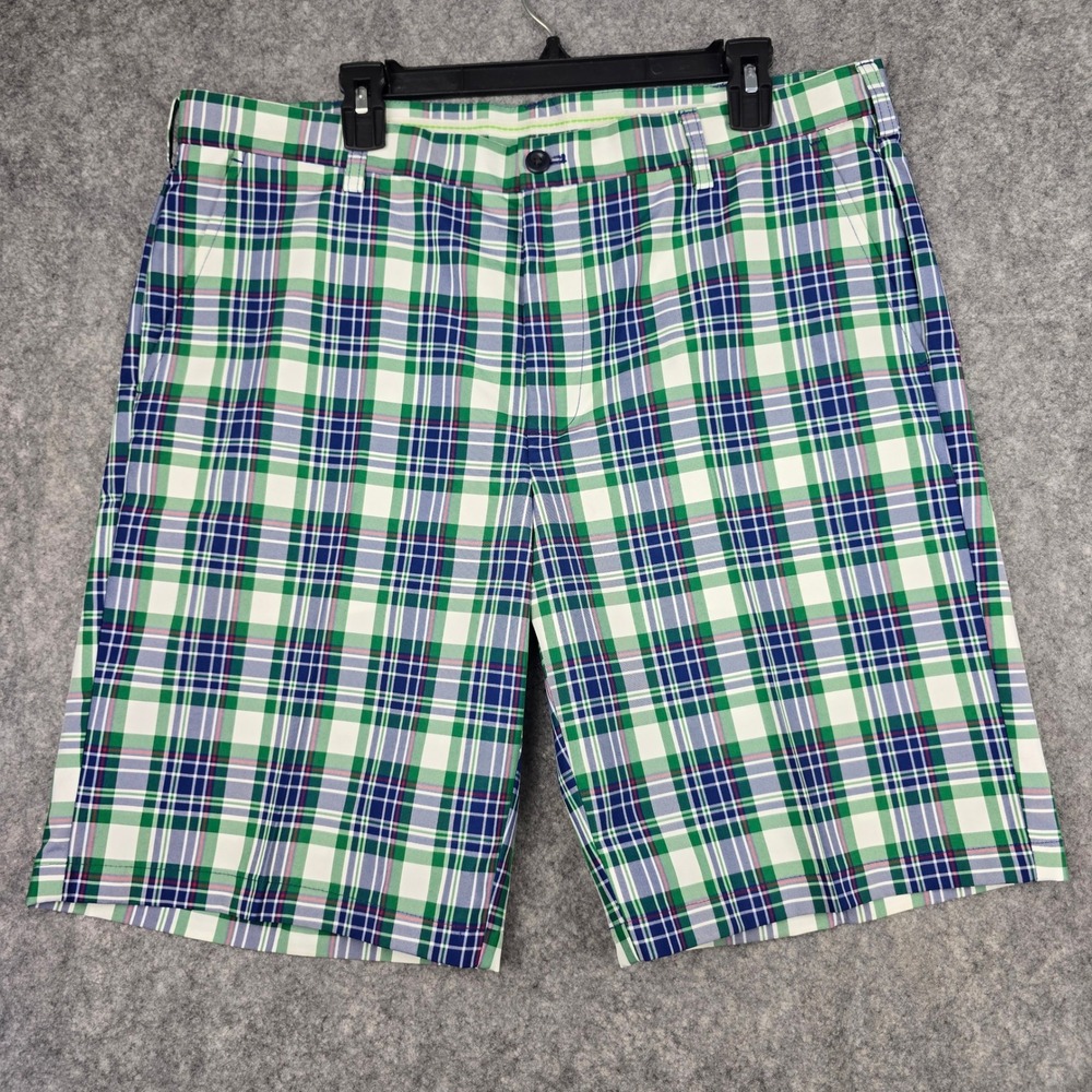 IZOD Golf Shorts Mens 38 Green Blue White Plaid Flat Front Performance Preppy